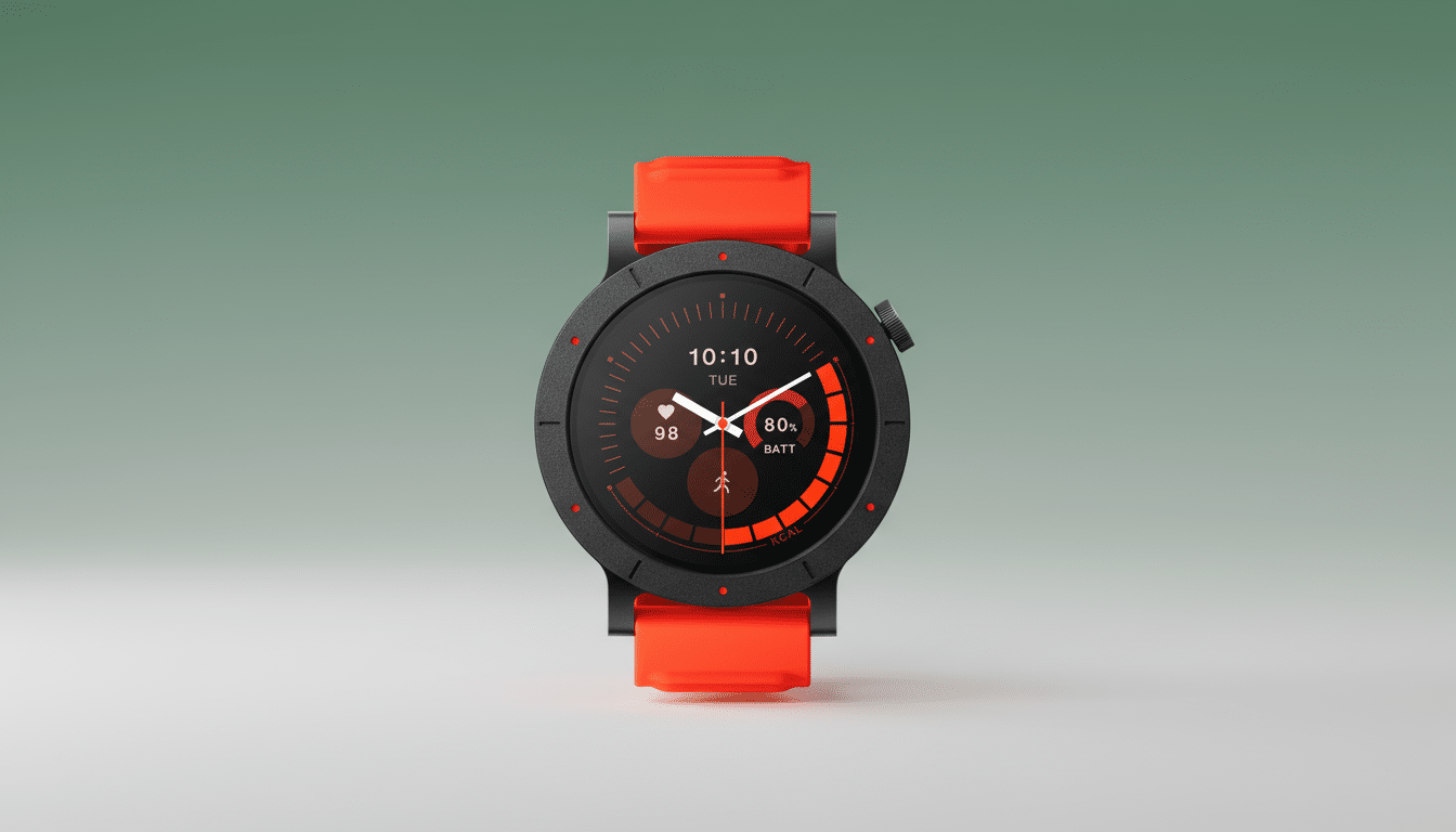 A black smartwatch with a bright orange band, displaying the time 10:10, Tuesday, a heart rate of 98, 80% battery, and a calorie count, set against a professional flat design background with a soft green gradient.