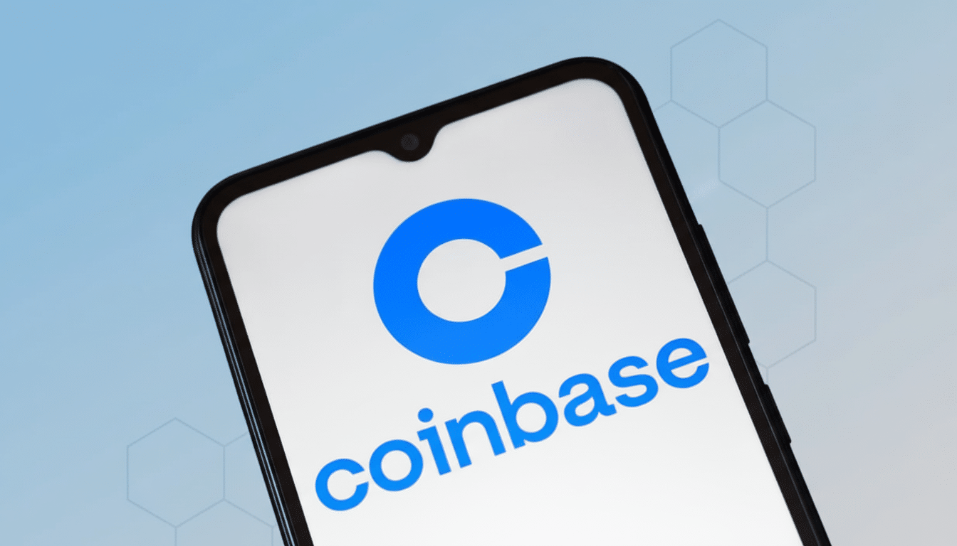 A smartphone displaying the Coinbase logo and name on its screen, set against a professional light blue background with subtle hexagonal patterns.