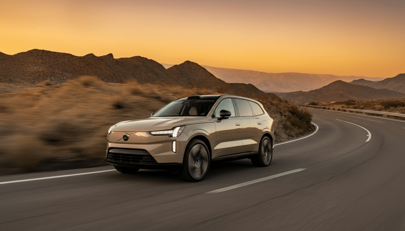 A beige Volvo EX90 electric SUV driving on a winding desert road at sunset.