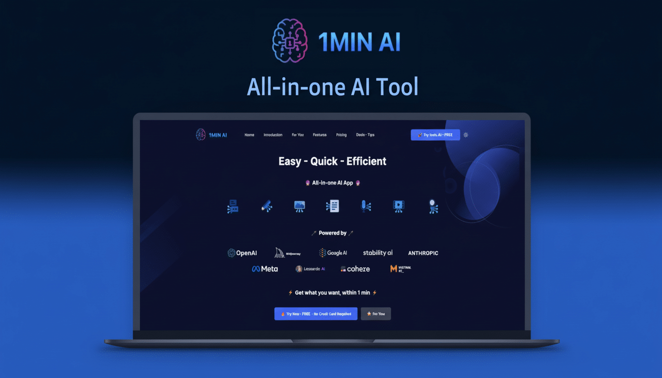 A laptop displaying the 1MIN AI All-in-one AI Tool website, featuring various AI company logos and a dark blue interface.