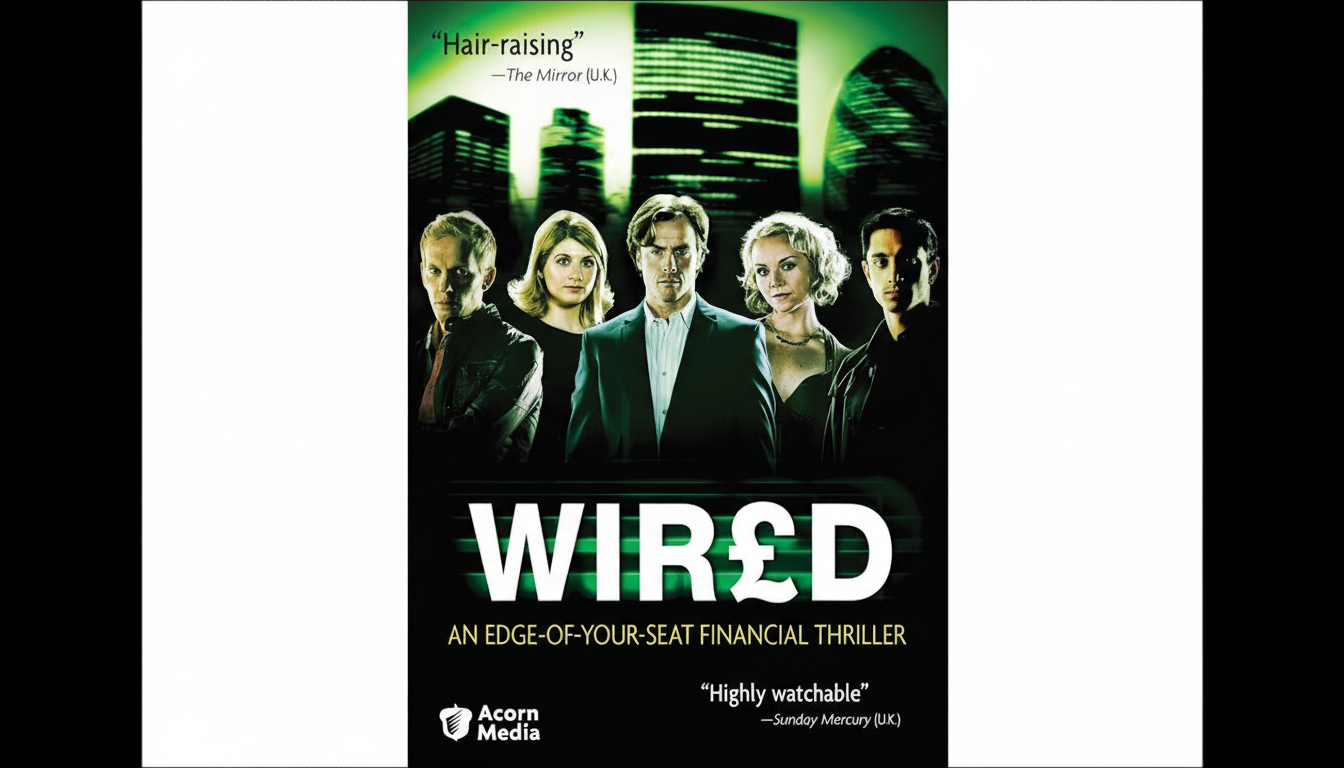 A movie poster for Wired, featuring five actors in the foreground against a dark green cityscape background. The title WIR£D is prominently displayed in white with a green euro symbol.