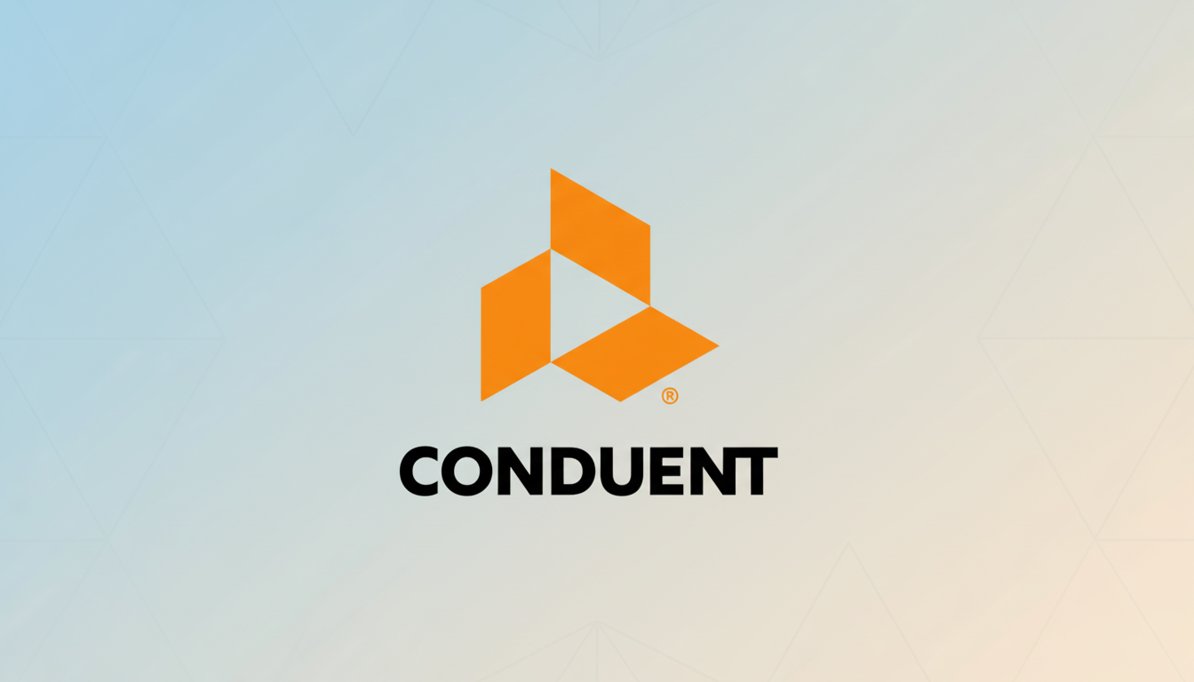 The Conduent logo, featuring an orange geometric design above the word CONDUENT in black, set against a professional flat design background with soft blue and orange gradients and subtle geometric patterns.