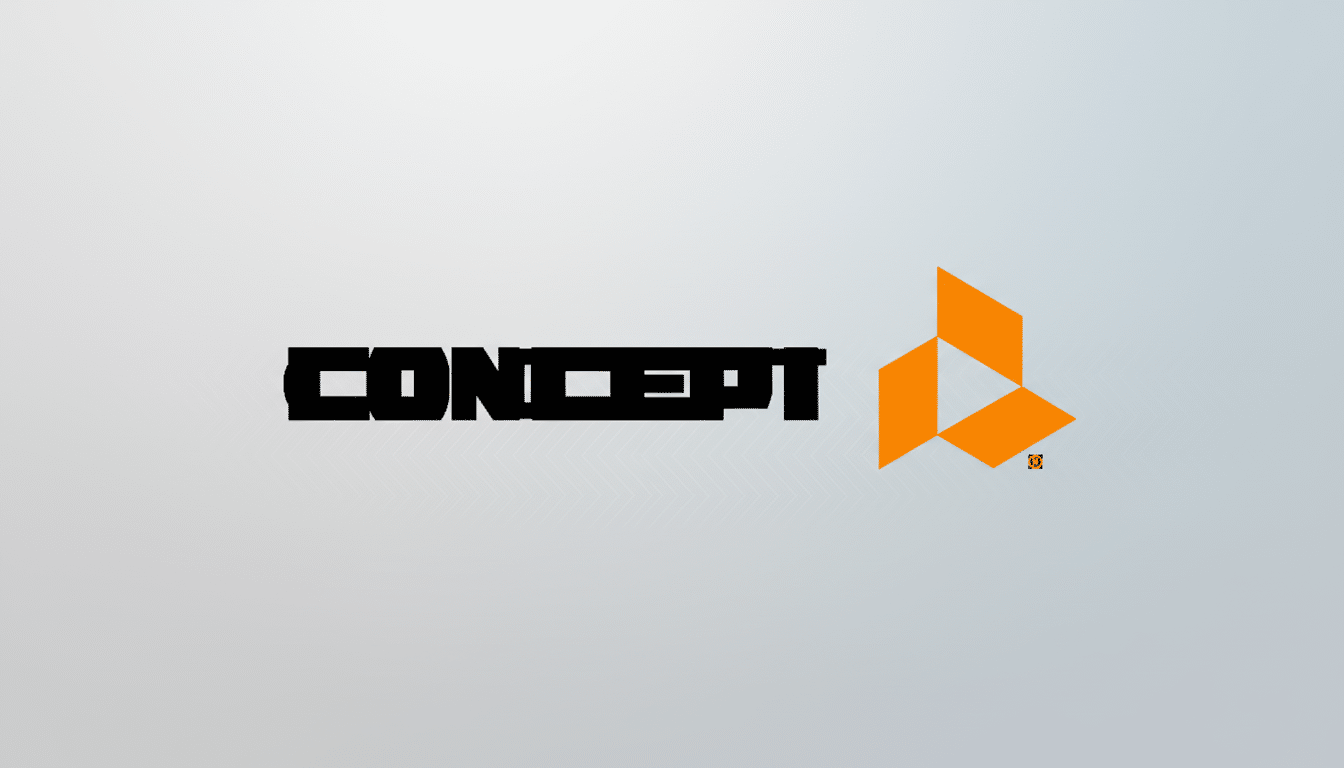 The word CONCEPT in black text next to an orange geometric logo, set against a professional light gray background with subtle diagonal patterns.