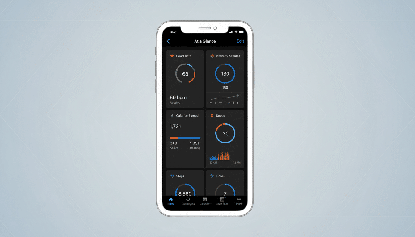 A smartphone displaying a fitness tracking app interface with various health metrics like heart rate, intensity minutes, calories burned, stress levels, steps, and floors. The phone is centered on a professional flat design background with a soft gradient.