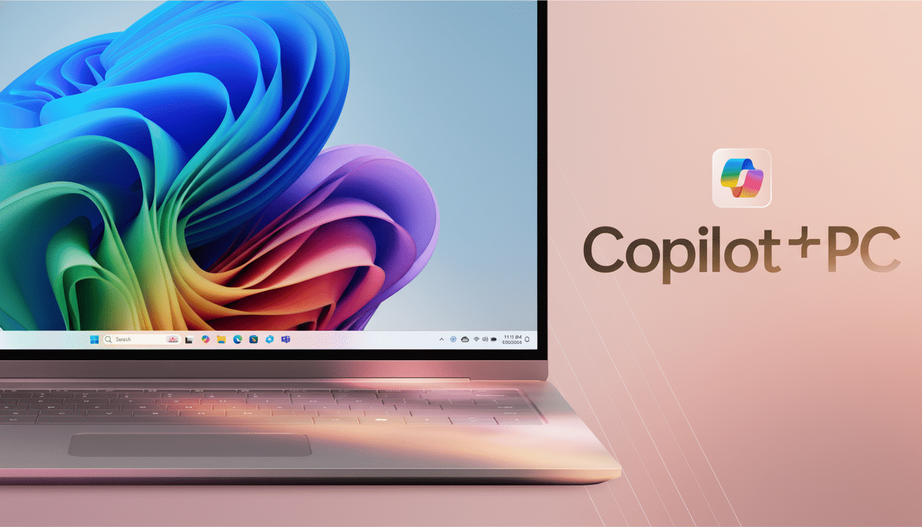 A laptop displaying the Windows 11 desktop with a colorful abstract wallpaper, next to the Copilot+PC logo on a soft pink and orange gradient background.