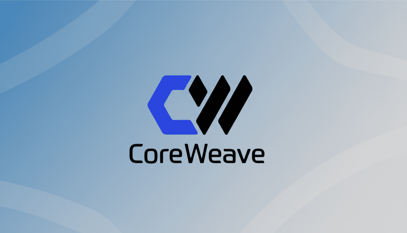 The CoreWeave logo, featuring a blue hexagonal C and black W above the word CoreWeave, presented on a professional light blue gradient background with subtle wave patterns.