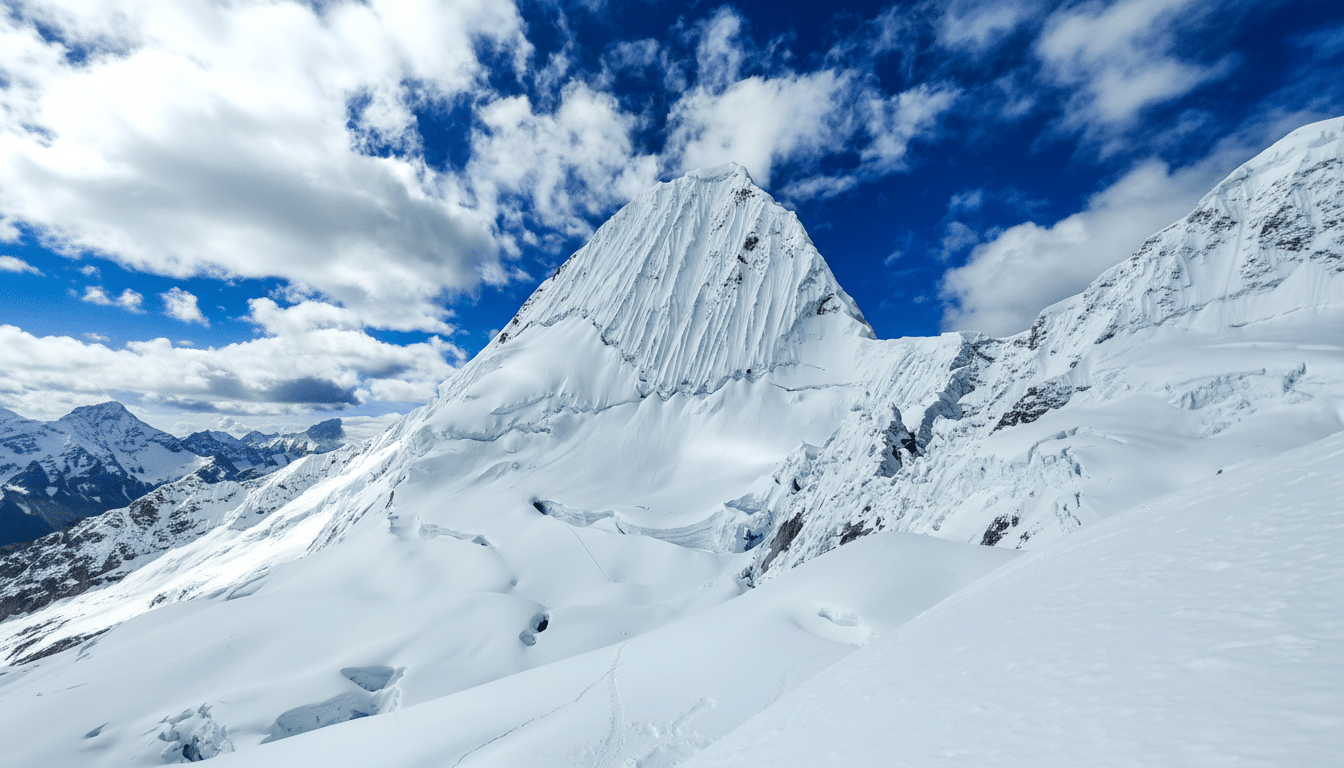 A majestic snow-covered mountain peak under a vibrant blue sky with white clouds, resized to a 16:9 aspect ratio.