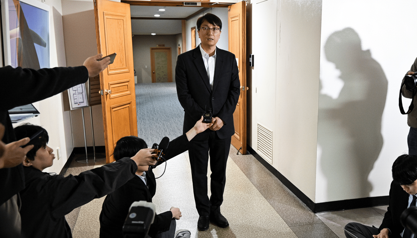 A man in a suit stands in a hallway, surrounded by reporters holding microphones and cameras.