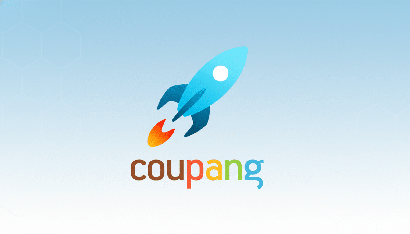 The Coupang logo, featuring a blue rocket with an orange and red flame, above the word coupang in colorful letters, set against a professional light blue background with subtle hexagonal patterns.