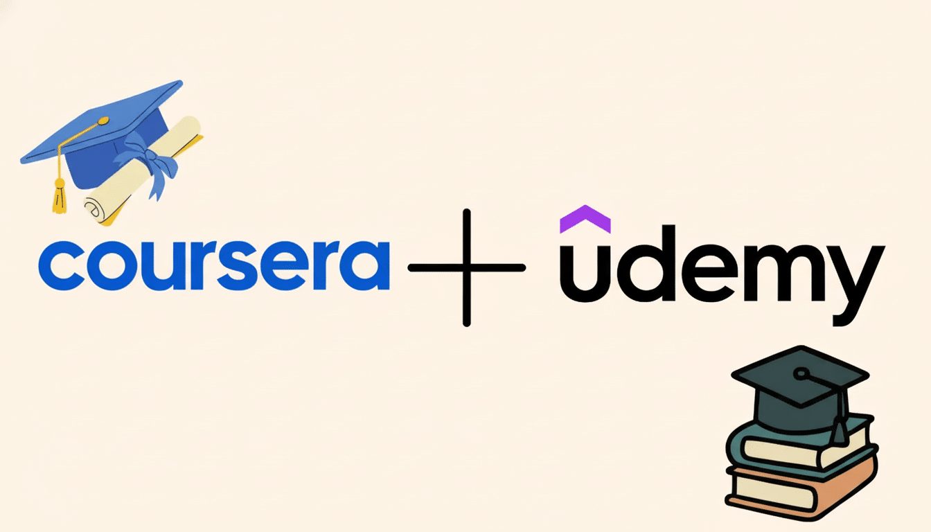 Coursera and Udemy logos with stock chart, $2.5B all-stock merger