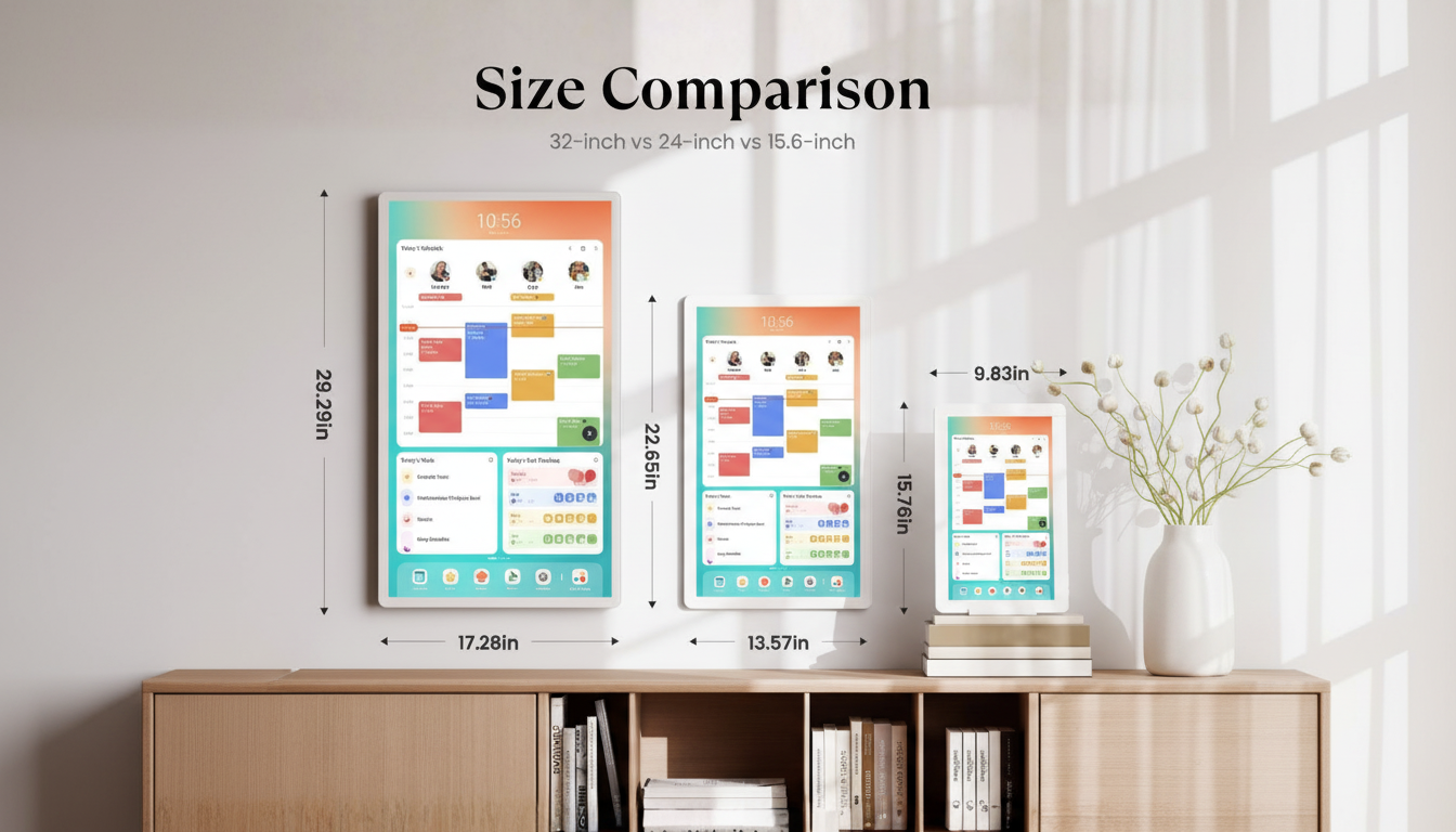 A comparison of three tablets of different sizes (32-inch, 24-inch, and 15.6-inch) displayed on a wooden cabinet, with dimensions labeled.