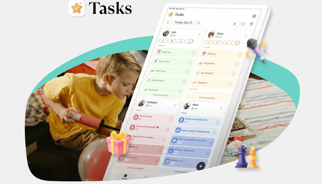 A young boy in a yellow shirt is looking at a tablet displaying a Tasks app. The app shows a list of chores and routines for different family members, with checkboxes and points. The tablet is angled, and in the foreground, theres a pink gift box, a red balloon, and two chess pieces (purple and yellow). The background is a soft, professional gradient with a green abstract shape.