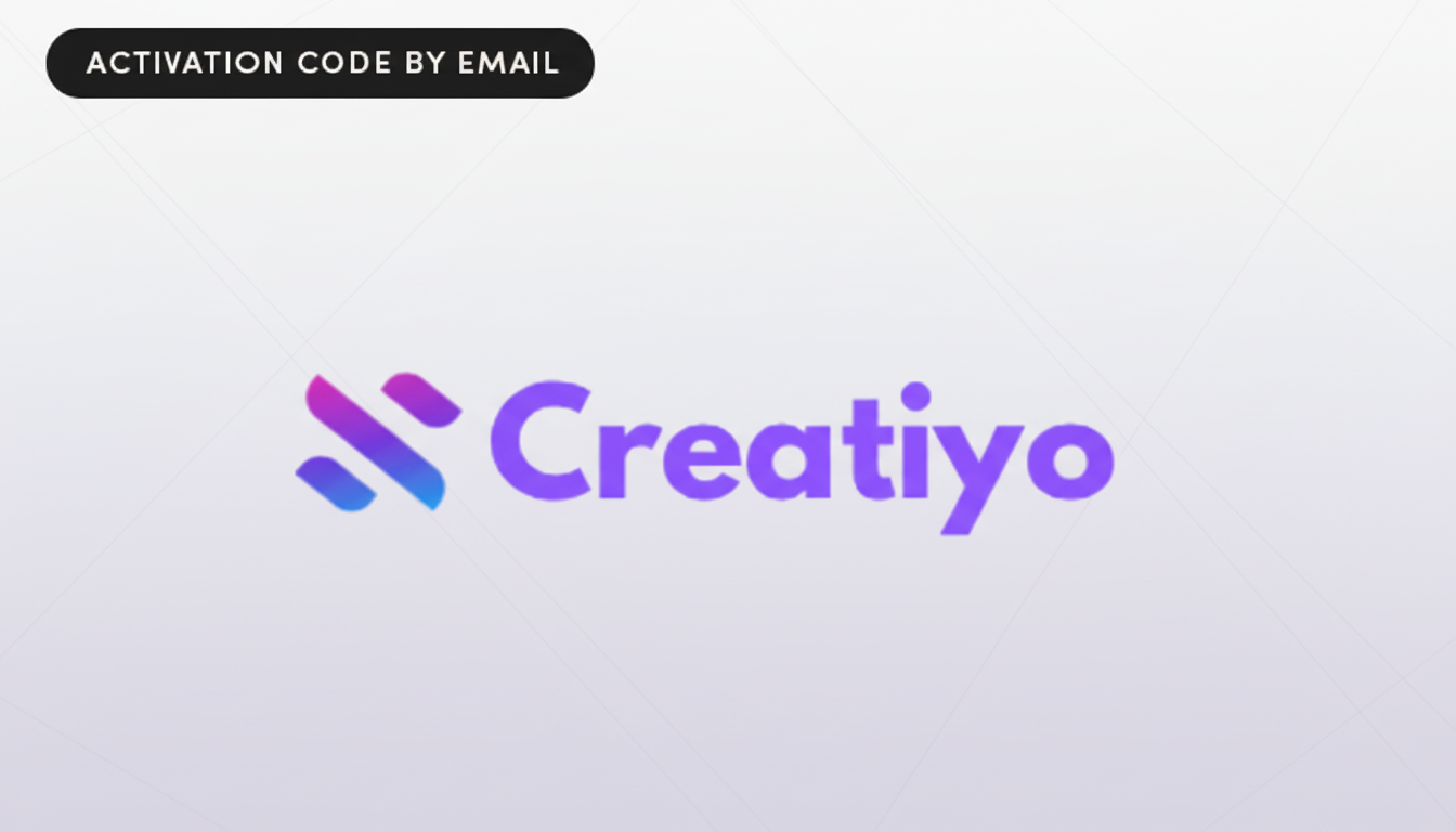 The Creatiyo logo, featuring a stylized purple and blue icon resembling two overlapping S shapes, next to the word Creatiyo in purple text. The image has been resized to a 16:9 aspect ratio with a subtle gradient background. A black oval button with white text ACTIVATION CODE BY EMAIL is in the top left corner.