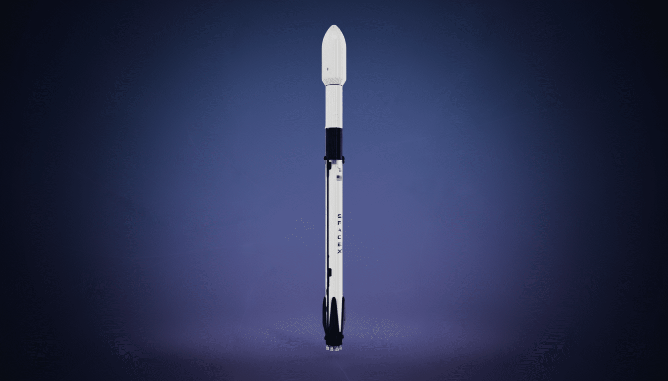 A SpaceX Falcon 9 rocket stands vertically against a professional flat design background with soft blue gradients and subtle patterns.