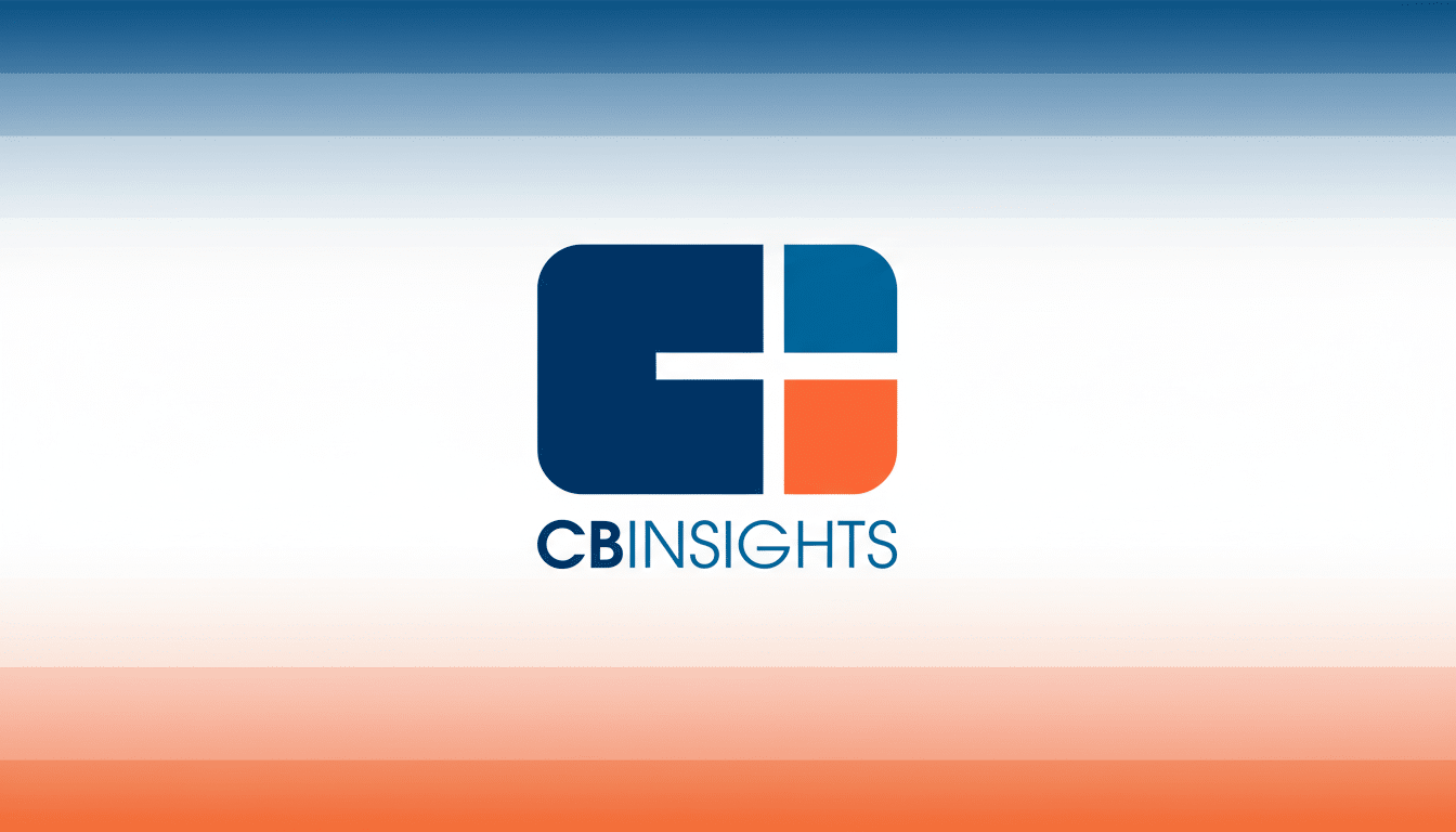 The CB Insights logo, featuring a stylized blue and orange square icon with a white cross shape, centered on a professional 16:9 background with a subtle horizontal gradient from light blue to white to light orange.