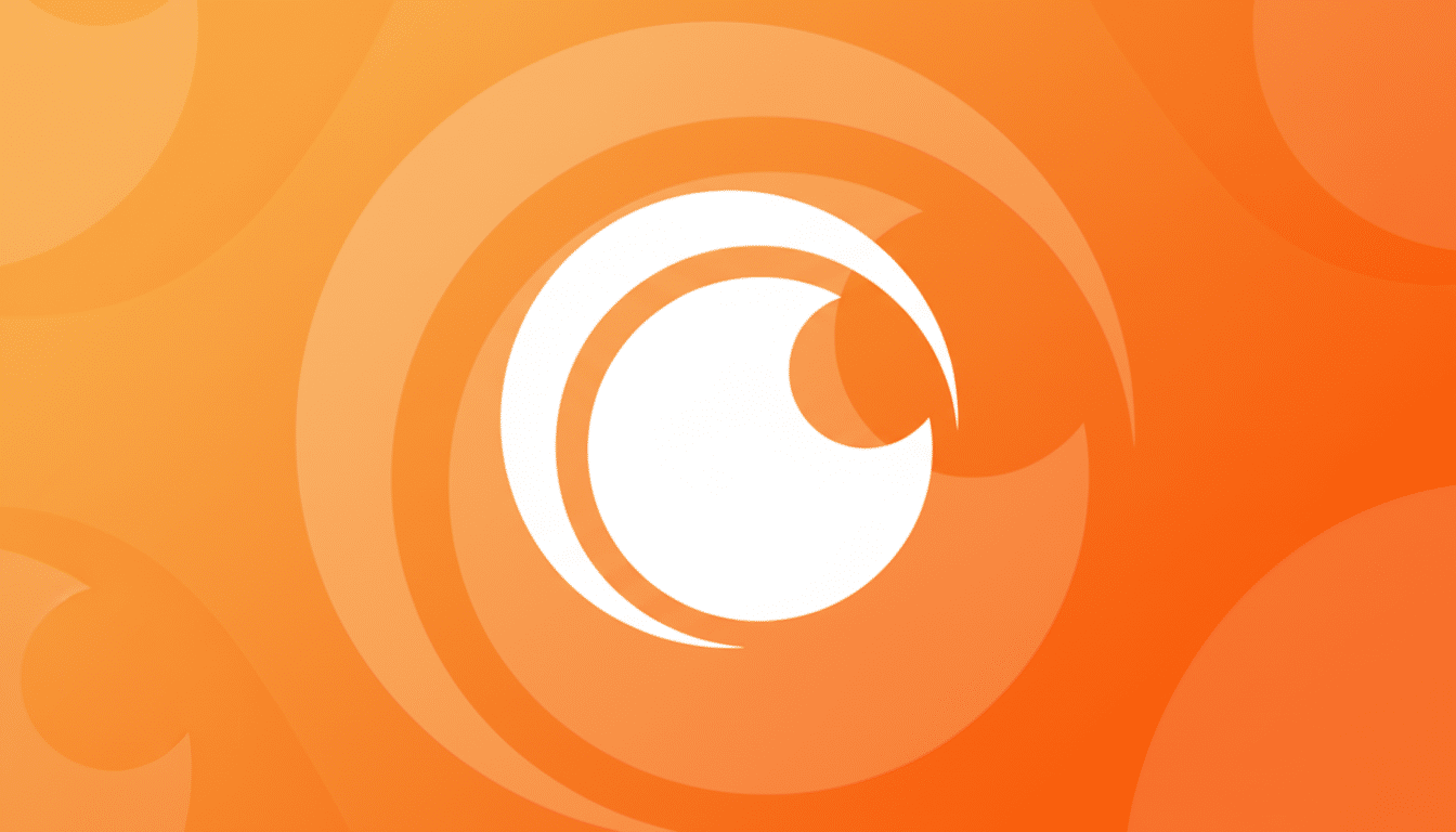 The Crunchyroll logo, a white stylized eye shape, centered on a 16:9 aspect ratio background with a professional flat design featuring soft orange gradients and subtle circular patterns.
