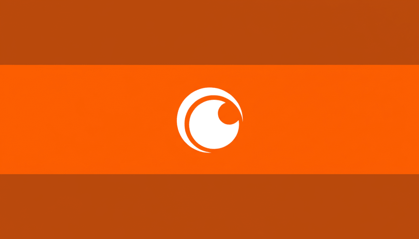 The Crunchyroll logo, a white stylized eye shape, centered on a 16:9 aspect ratio background with a horizontal orange stripe in the middle and darker orange stripes above and below.