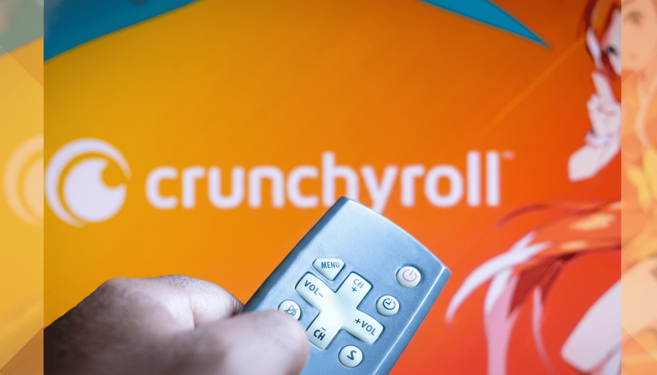 A hand holding a remote control in front of a screen displaying the Crunchyroll logo and an anime character, resized to a 16:9 aspect ratio with a professional enhancement.