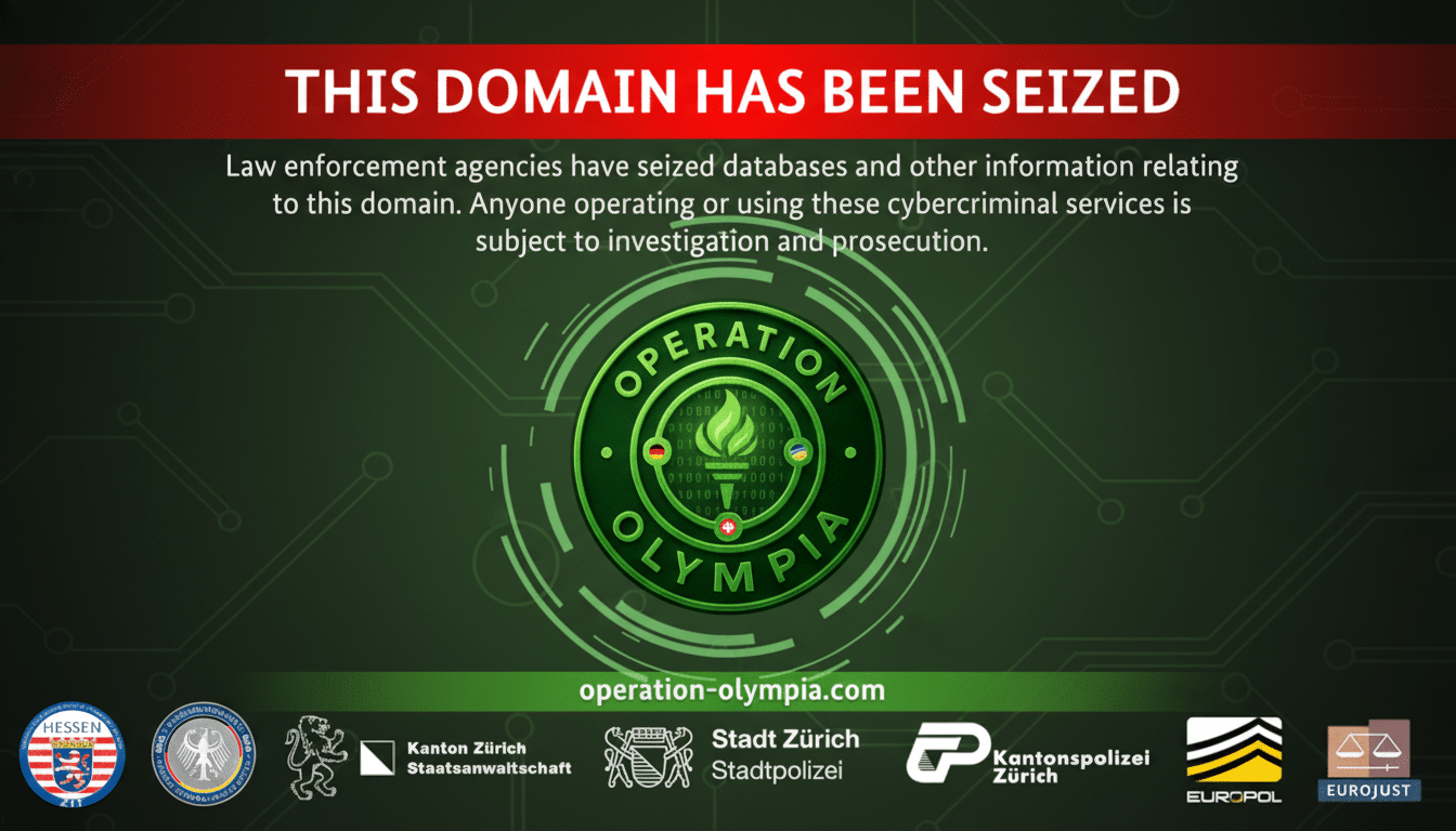 A professionally enhanced image with a 16:9 aspect ratio, featuring the THIS DOMAIN HAS BEEN SEIZED message and the OPERATION OLYMPIA logo, with a new professional flat design background with soft patterns.