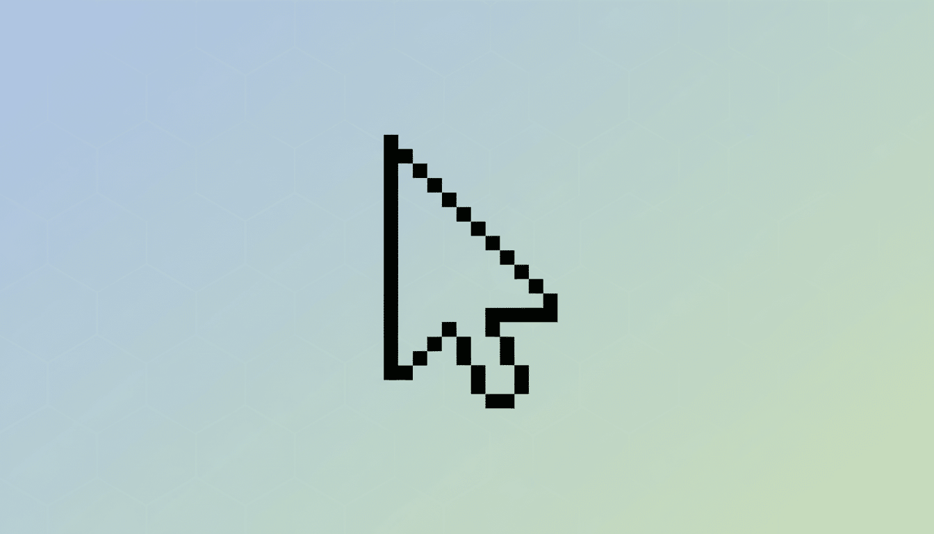 A pixelated black and white mouse cursor icon on a professional flat design background with soft blue and green gradients and subtle hexagonal patterns.