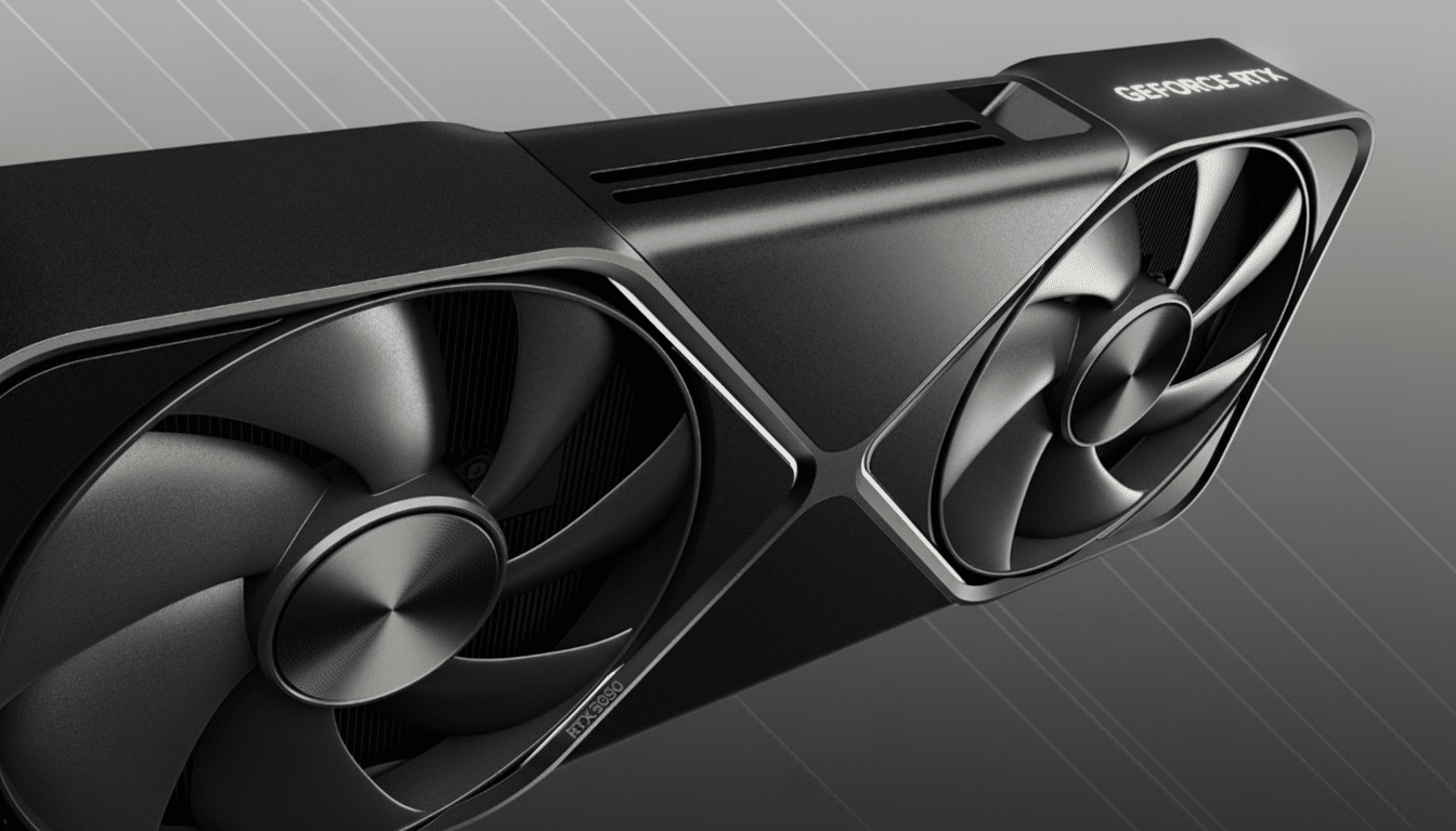 A close-up, professional shot of a black NVIDIA GeForce RTX 3080 graphics card with two large fans, set against a subtle dark gray gradient background with soft diagonal lines.