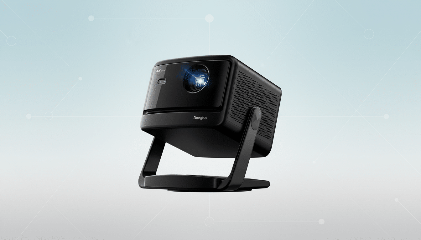 A black Dangbei 4K projector with a glowing blue lens, set against a professional light blue and white gradient background with subtle geometric patterns.
