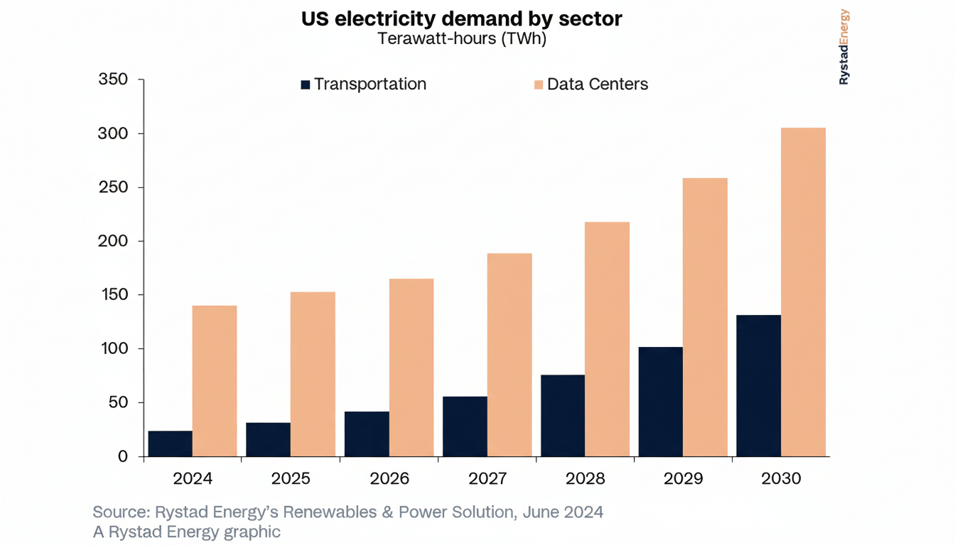 Bar chart showing US electricity demand by sector (Transportation and Data Centers) in Terawatt-hours (TWh) from 2024 to 2030.