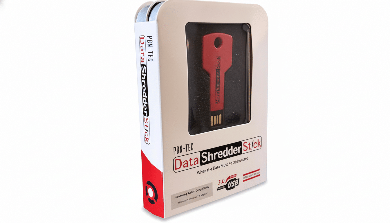 A red Data Shredder Stick USB drive in its white and red retail packaging, presented on a clean white background.