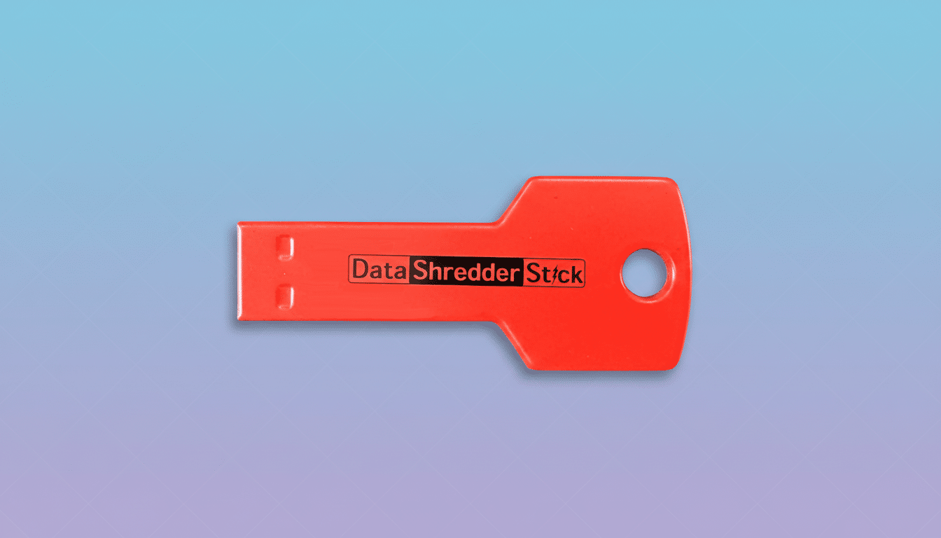 A red Data Shredder Stick USB drive on a professional flat design background with soft blue and purple gradients and subtle geometric patterns.