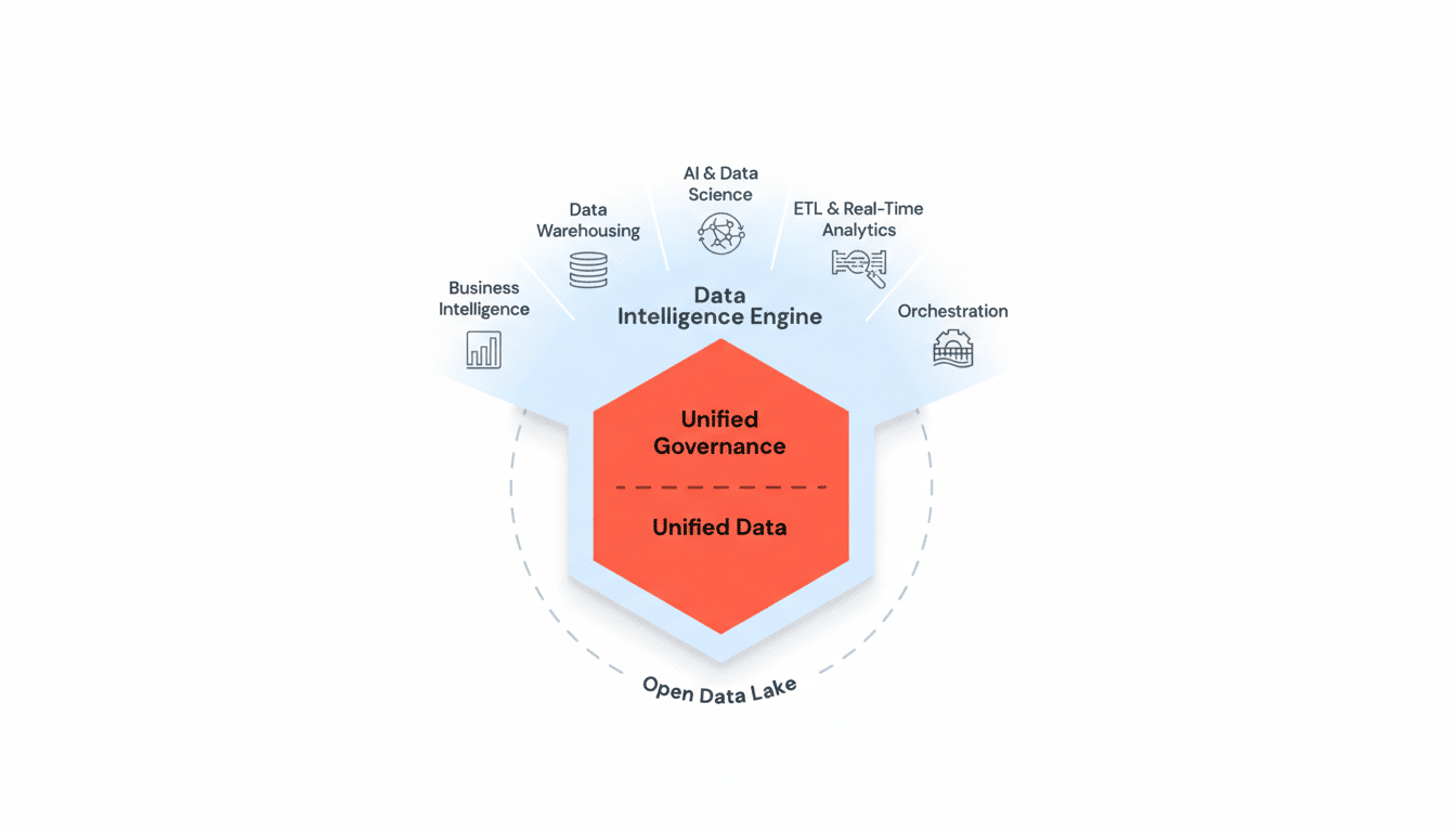 A diagram illustrating a Data Intelligence Engine with Unified Governance and Unified Data at its core, surrounded by concepts like Business Intelligence, Data Warehousing, AI & Data Science, ETL & Real-Time Analytics, and Orchestration, all connected to an Open Data Lake.