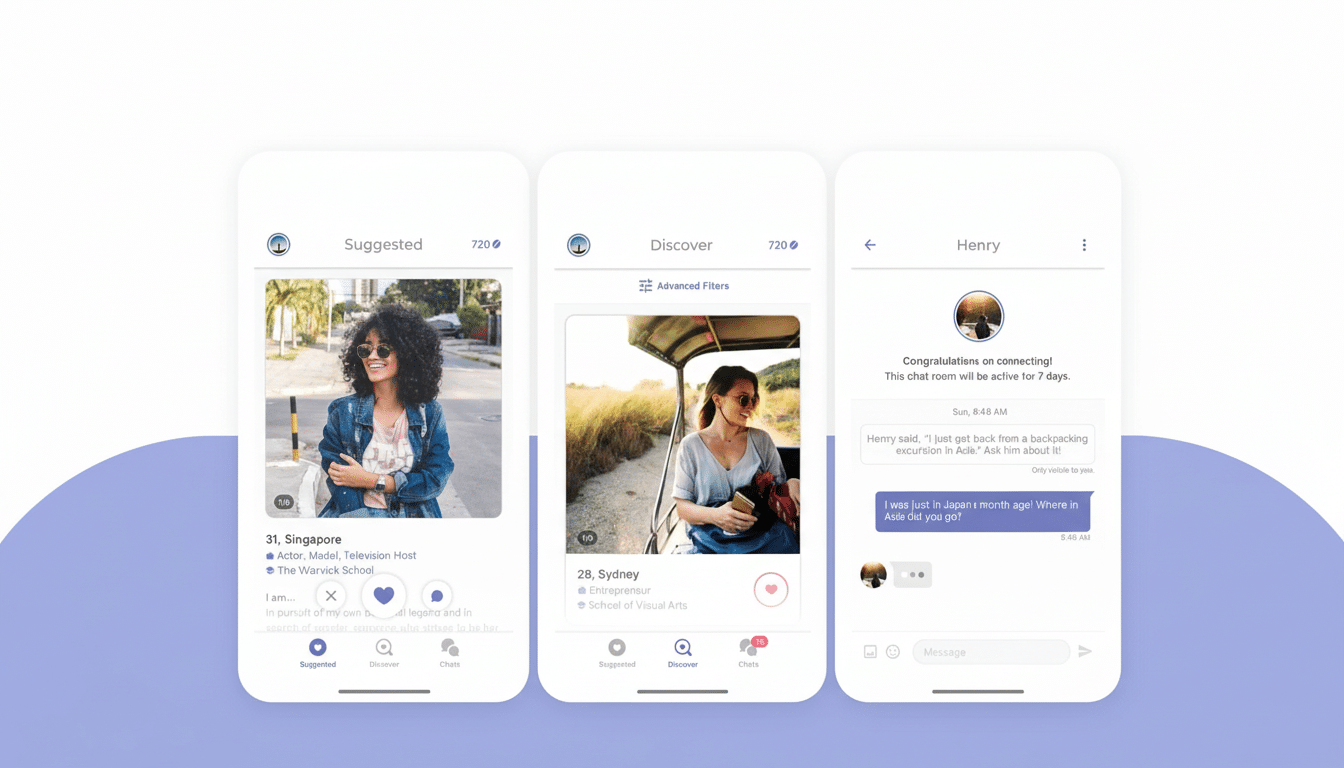 A 16:9 aspect ratio image showing three mobile app screens. The left screen displays a profile of a woman with curly hair, the middle screen shows a woman in a vehicle, and the right screen shows a chat interface. The background is a professional flat design with soft patterns and gradients.