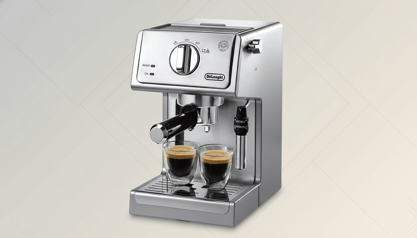 A silver DeLonghi espresso machine with two glasses of espresso on its drip tray, set against a professional flat design background with soft patterns.