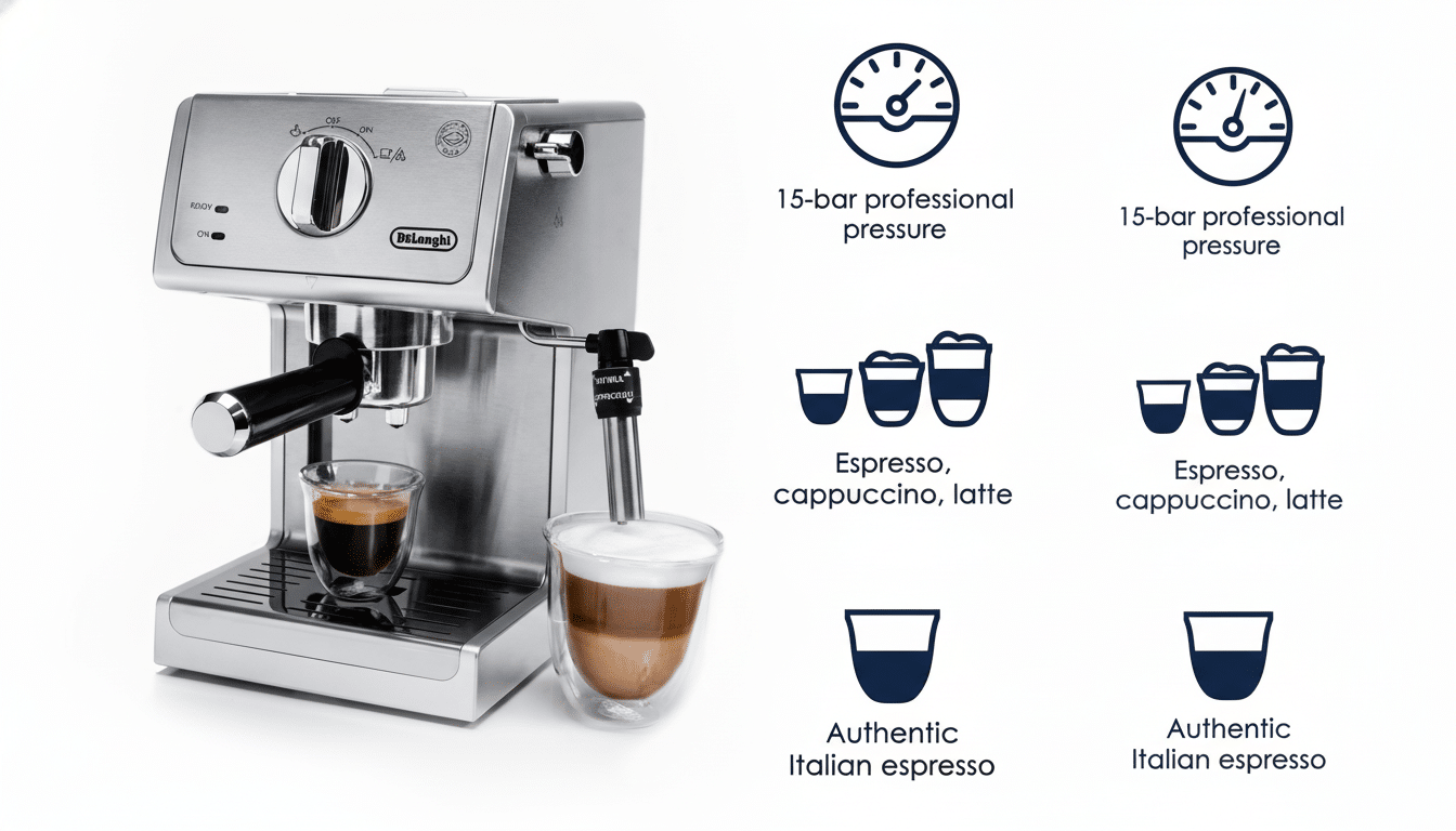A silver DeLonghi espresso machine with two glasses of coffee, one espresso and one latte, next to a graphic illustrating its features: 15-bar professional pressure, capability for espresso, cappuccino, and latte, and authentic Italian espresso.