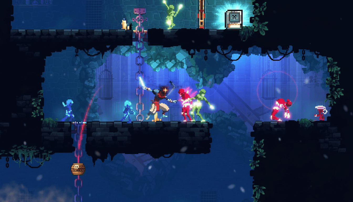 A pixel art screenshot from a video game, featuring a character with a sword fighting multiple glowing enemies on platforms in a dark, cavernous environment with blue lighting.