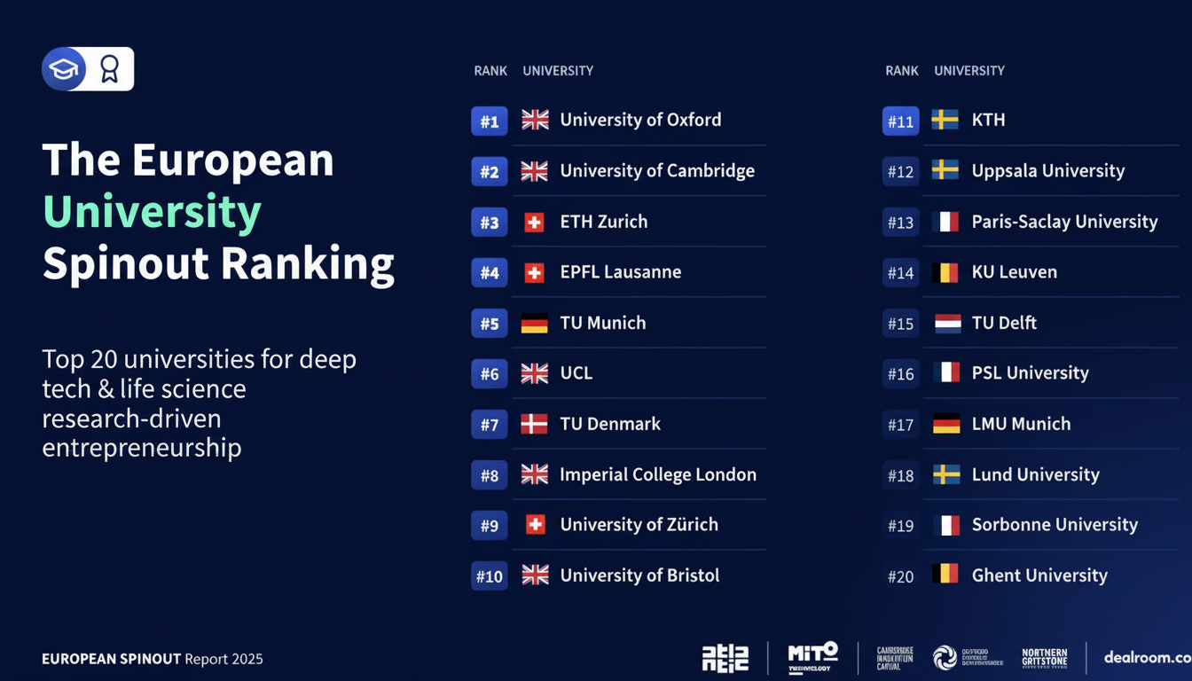 A professional infographic titled The European University Spinout Ranking displaying the top 20 universities for deep tech & life science research-driven entrepreneurship, with University of Oxford ranked #1.