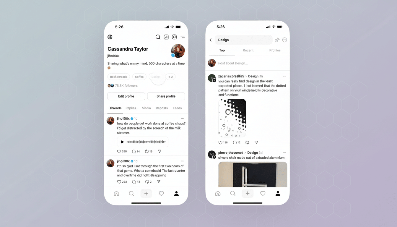 Two smartphone screens displaying a social media interface. The left screen shows a user profile with posts, and the right screen shows a Design feed with various posts. The background is a professional flat design with soft patterns.