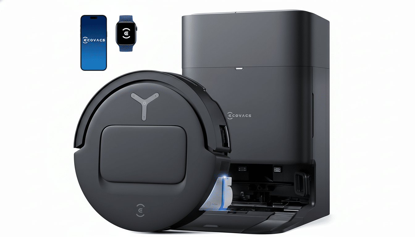 A dark gray Ecovacs robot vacuum and its self-emptying station, with a smartphone and smartwatch displaying the Ecovacs app in the upper left corner, all set against a clean white background.