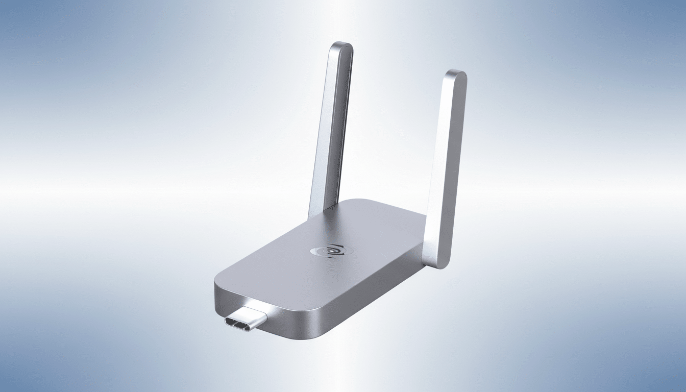 A silver USB-C wireless adapter with two antennas, presented on a professional light blue gradient background.