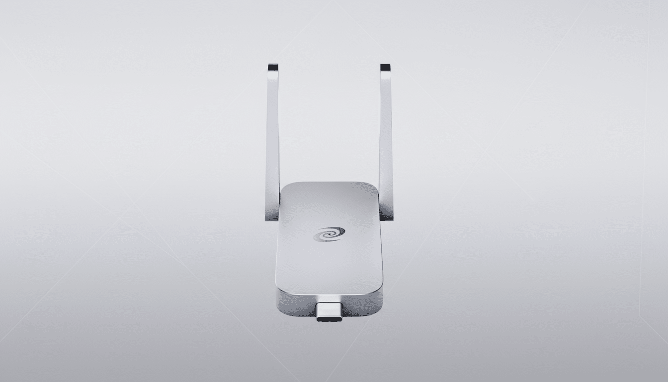 A silver wireless adapter with two antennas and a USB-C port, set against a professional light gray background with subtle geometric patterns.