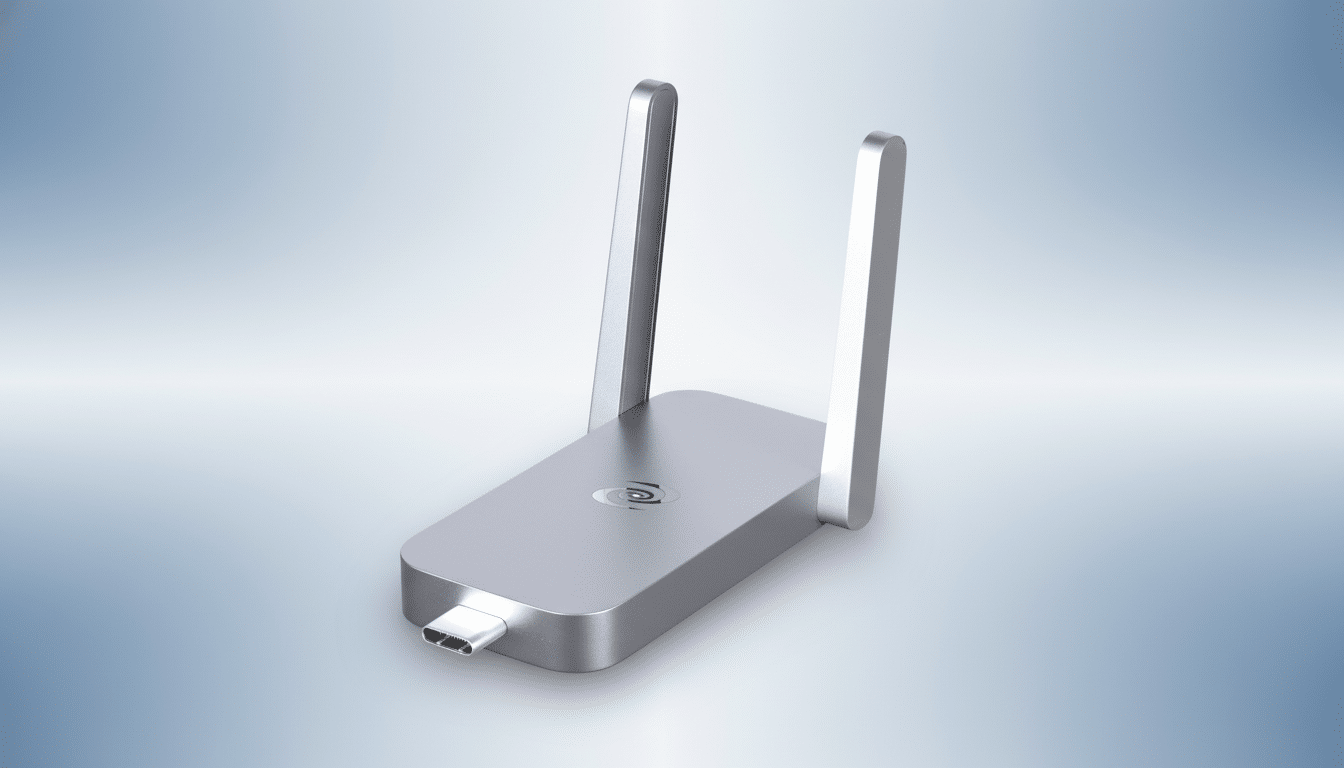 A silver USB-C wireless adapter with two antennas, presented on a professional light blue gradient background.