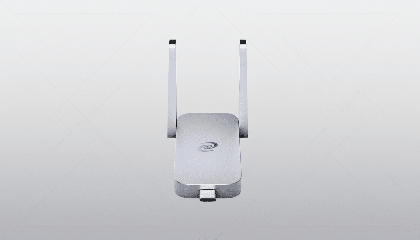 A silver USB-C wireless adapter with two antennas, presented on a professional flat design background with subtle geometric patterns.