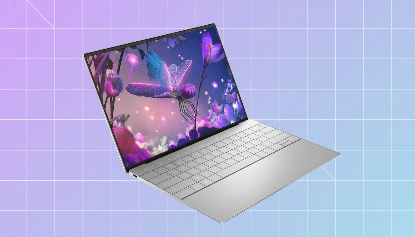 A silver laptop with a vibrant, colorful image of a dragonfly and flowers on its screen, set against a professional flat design background with soft purple and blue gradients and a subtle grid pattern.