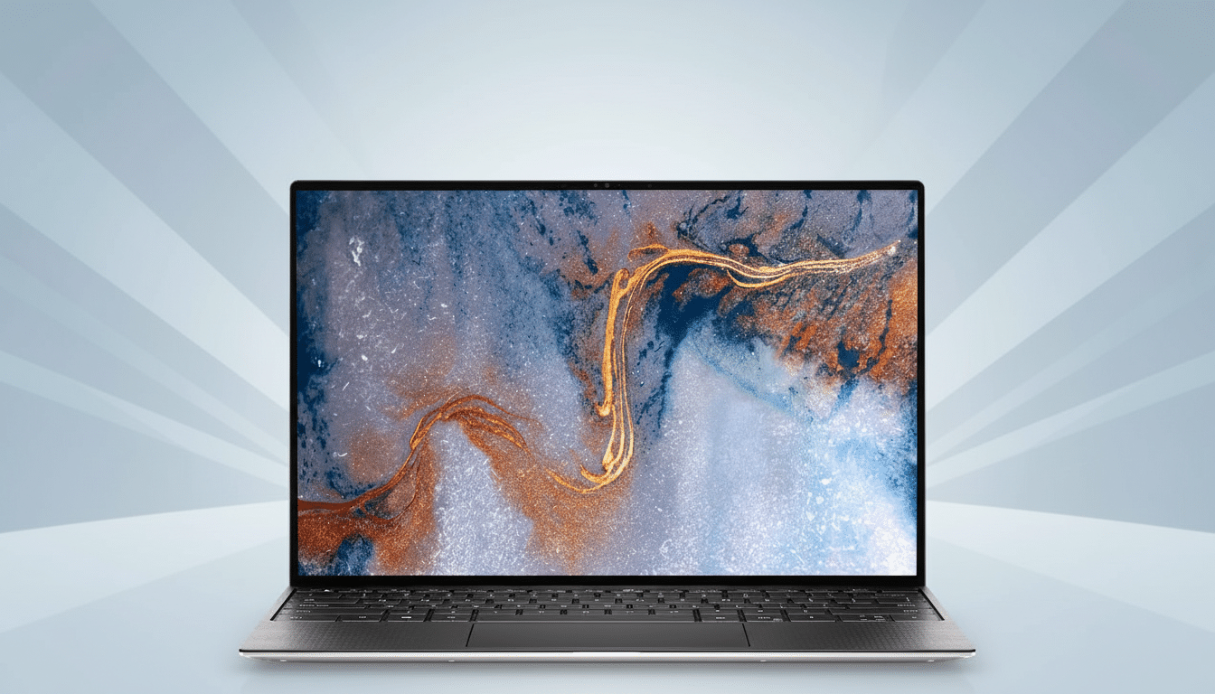 A sleek, silver Dell XPS laptop with a vibrant, abstract blue and gold wallpaper displayed on its screen, set against a professional light blue background with subtle radial lines.