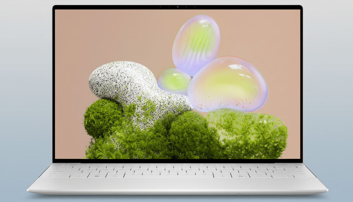 A silver laptop with a screen displaying abstract 3D shapes, resized to a 16:9 aspect ratio with a professional flat design background.