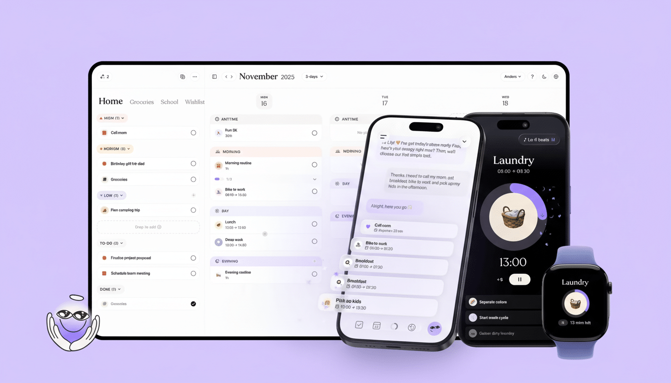 A laptop, two smartphones, and a smartwatch displaying a productivity app with a calendar, to-do lists, and messaging features.