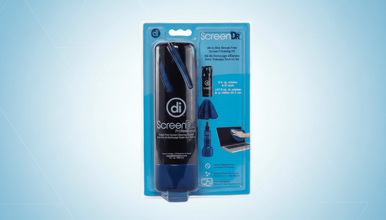A ScreenDR Professional screen cleaning kit, featuring a blue spray bottle and a blue microfiber cloth, presented in its original packaging against a professional blue gradient background with subtle geometric patterns.