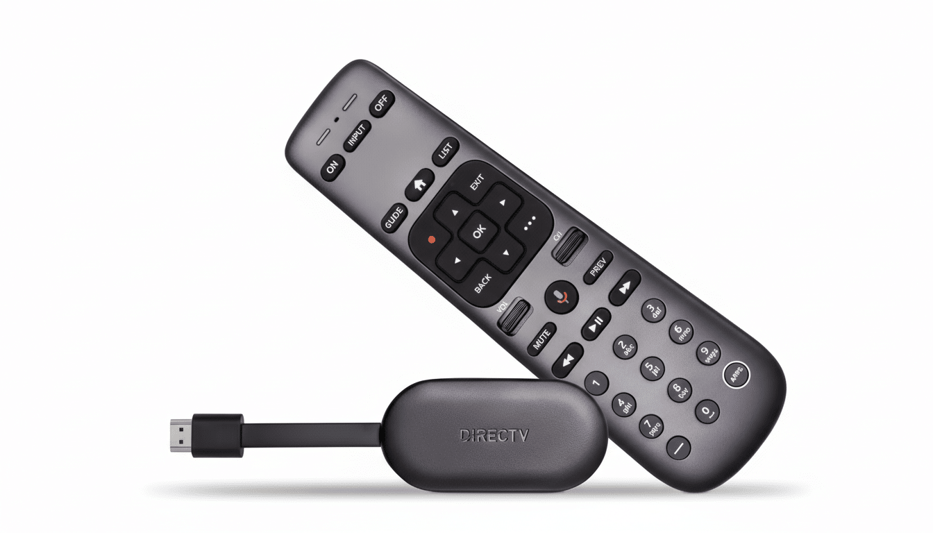A dark gray DIRECTV streaming device and its matching remote control are displayed on a clean white background. The remote is angled diagonally behind the oval-shaped streaming stick, which has a USB connector extending to the left.
