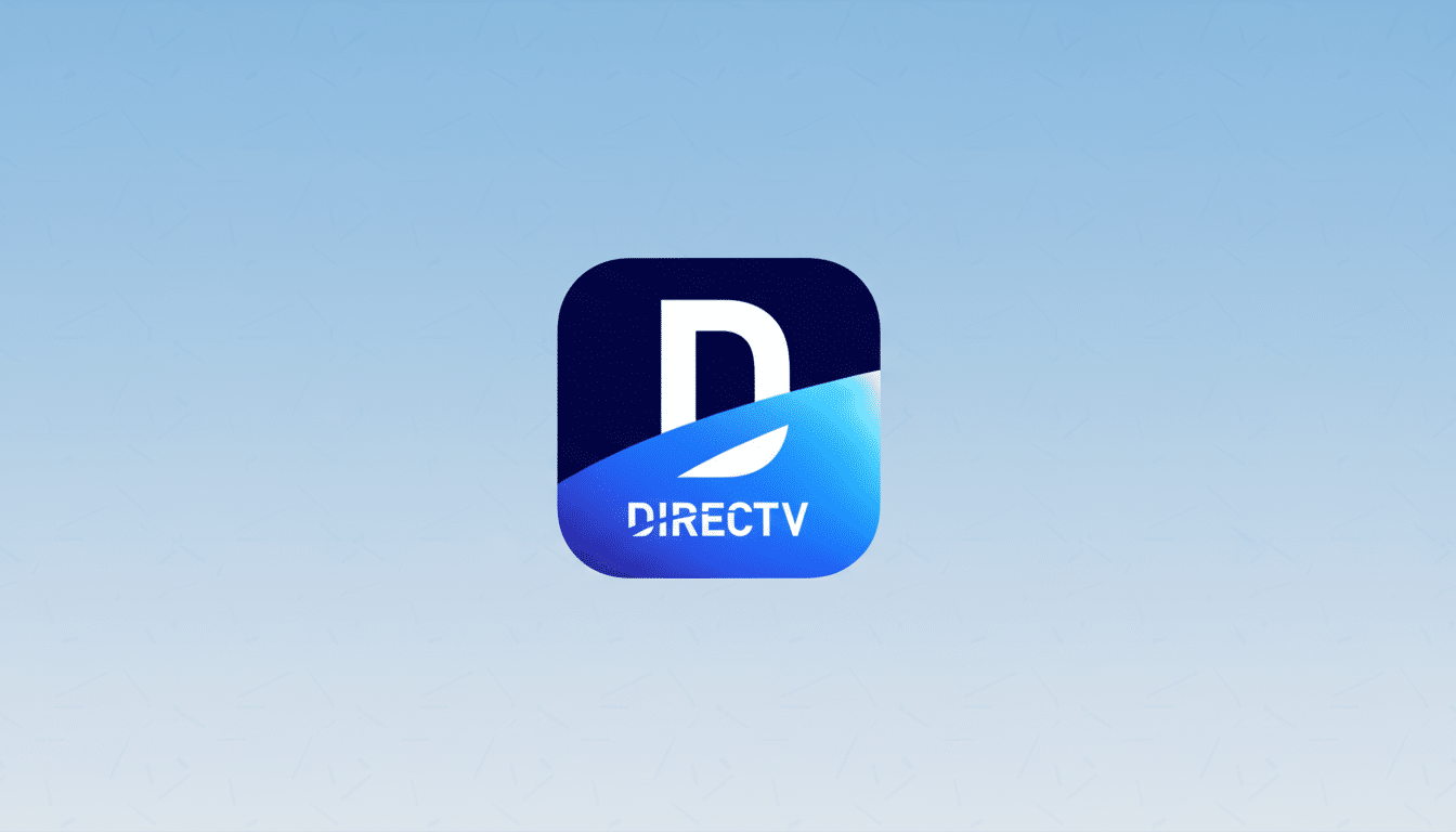 The DIRECTV app icon, featuring a white D on a dark blue background with a light blue diagonal stripe, centered on a professional light blue gradient background with subtle patterns.