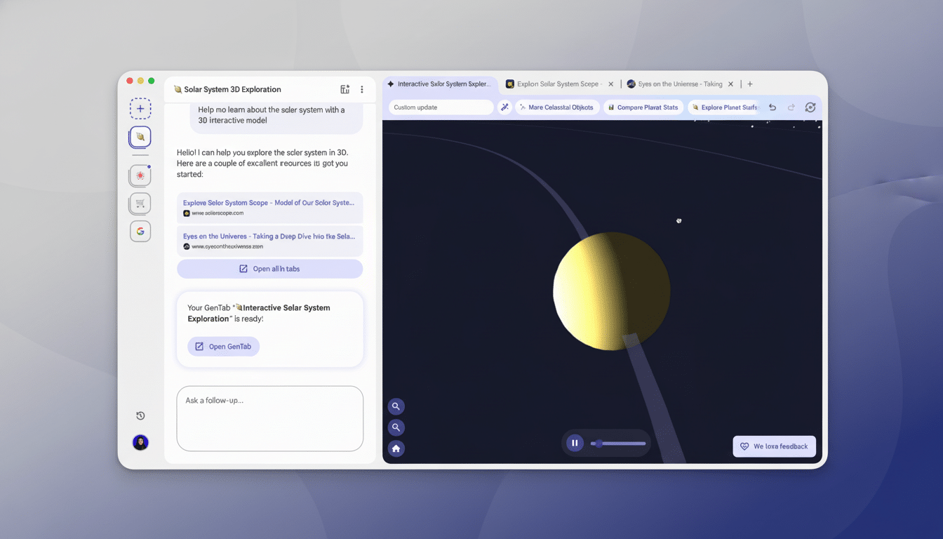 A screenshot of a web browser displaying an interactive 3D model of a solar system, with a search bar and related links on the left.