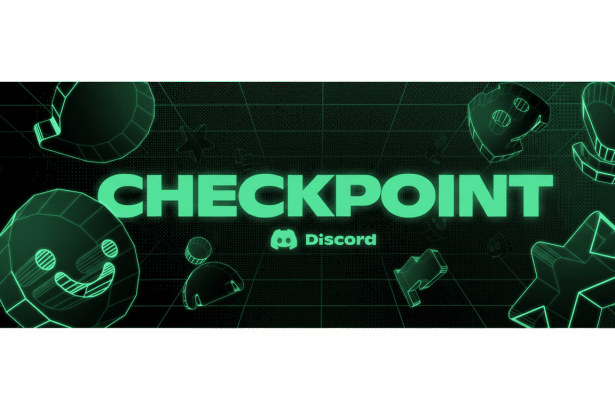 The word CHECKPOINT in large, bright green letters is centered on a dark green, grid-patterned background. Below it, the Discord logo and the word Discord are visible. Various dark green, geometric, outlined shapes resembling game assets or emojis are scattered around the text. The image has been resized to a 16:9 aspect ratio with white borders on the top and bottom.